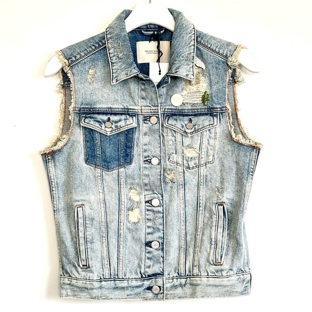 Scotch & Soda Travel Florida Distressed Denim Blue Jean Vest Sz 1 (S/M) NWT $169